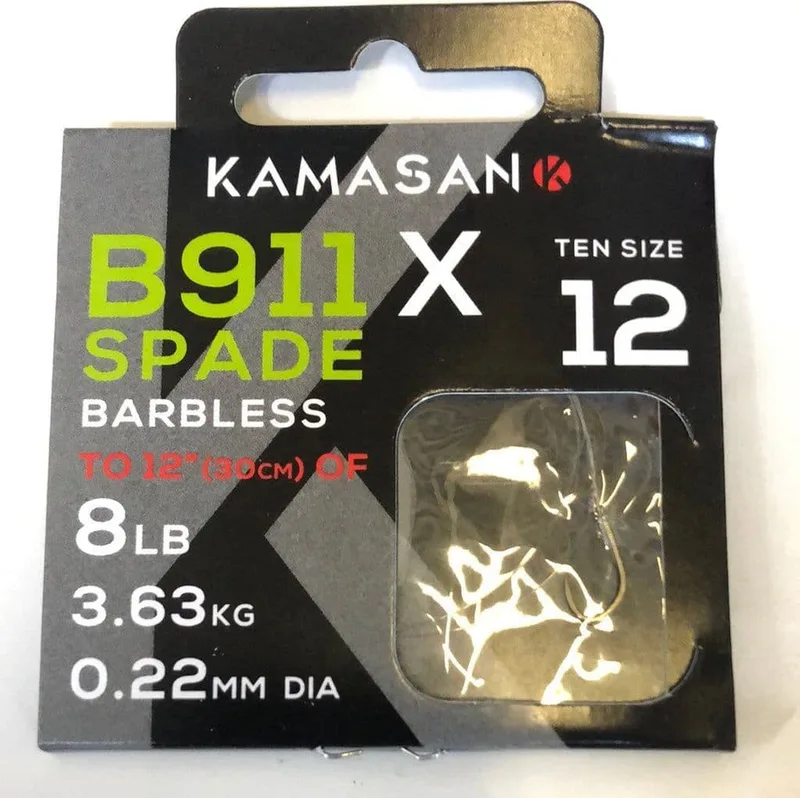 Kamasan B911X Spade Barbless Hooks to Nylon