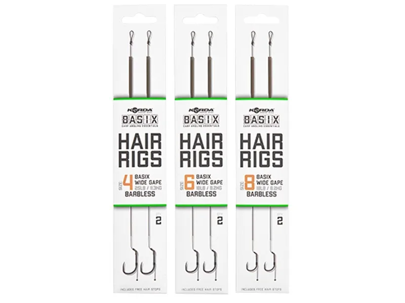 Korda Basix Wide Gape Ready Tied Hair Rigs — 6, Barbless, 18lb