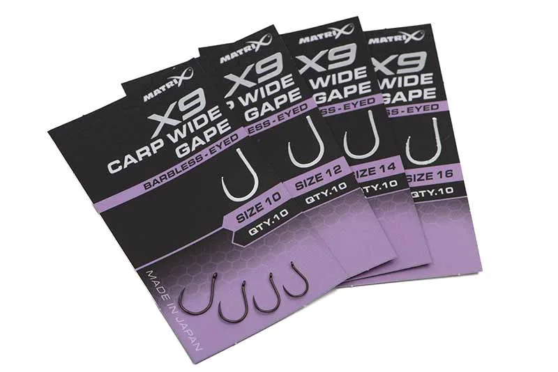Matrix X9 Carp Wide Gape Barbless Eyed Hooks