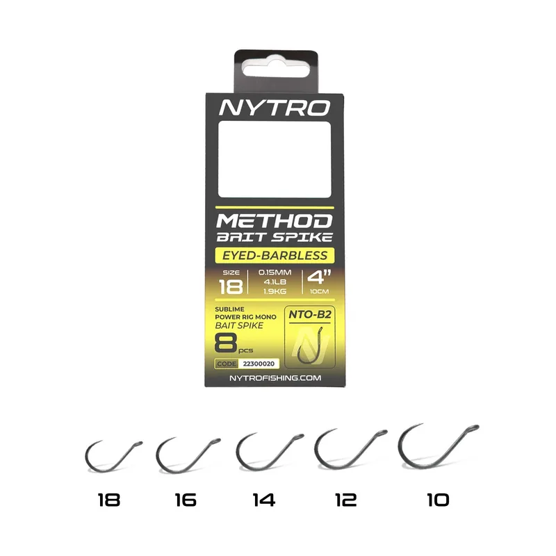 Nytro NTO-B2 Barbless Method Bait Spike Rigs 4in - 12, 0.21mm